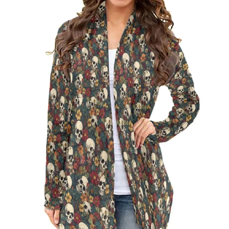 Women's Brown Floral Skulls Cardigan With Long Sleeve