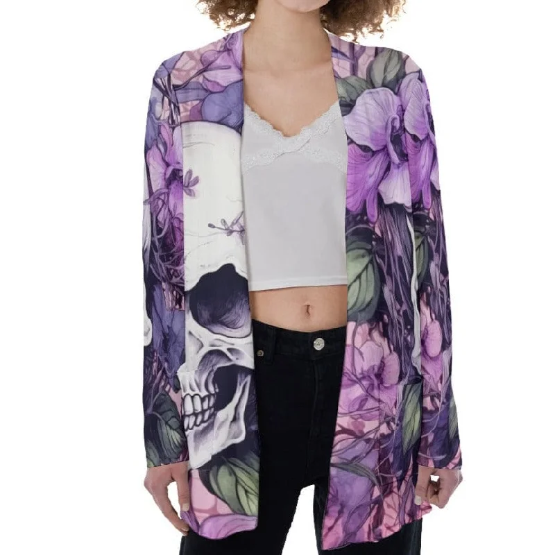 Women's Purple Floral Skull Patch Pocket Cardigan