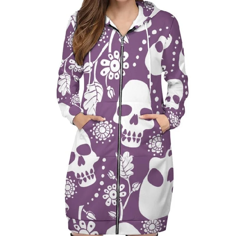 Women's Purple White Skulls Full Print Long Hoodie