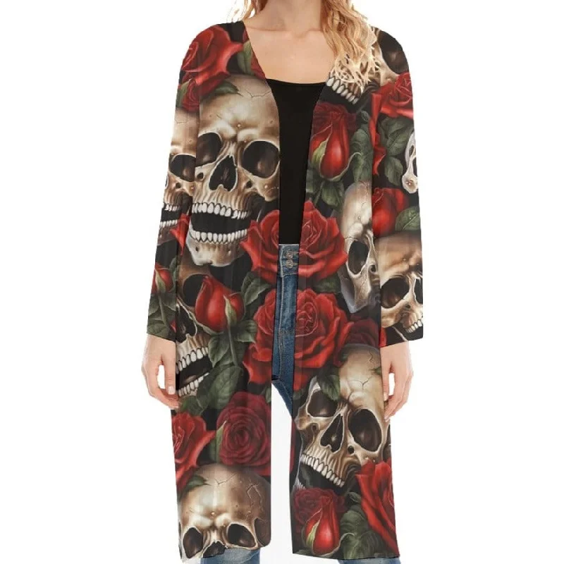 Women's Skull & Red Roses Long Sleeve Lightweight Cardigan