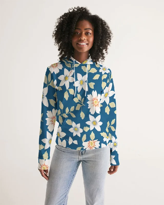 Dark blue background and white flower pattern Women's All-Over Print Hoodie