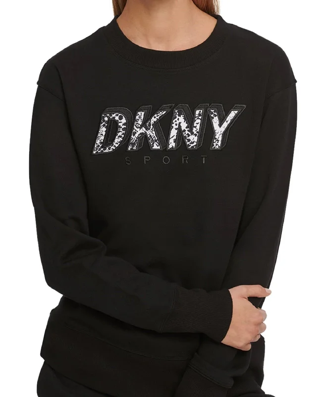 DKNY Sport Women's Crewneck Printed-Logo Fleece Sweatshirt, Black, S