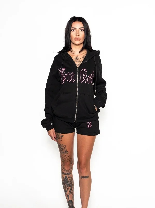 Women's Inked Embroidered Zip Up Hoodie - Black / Pink