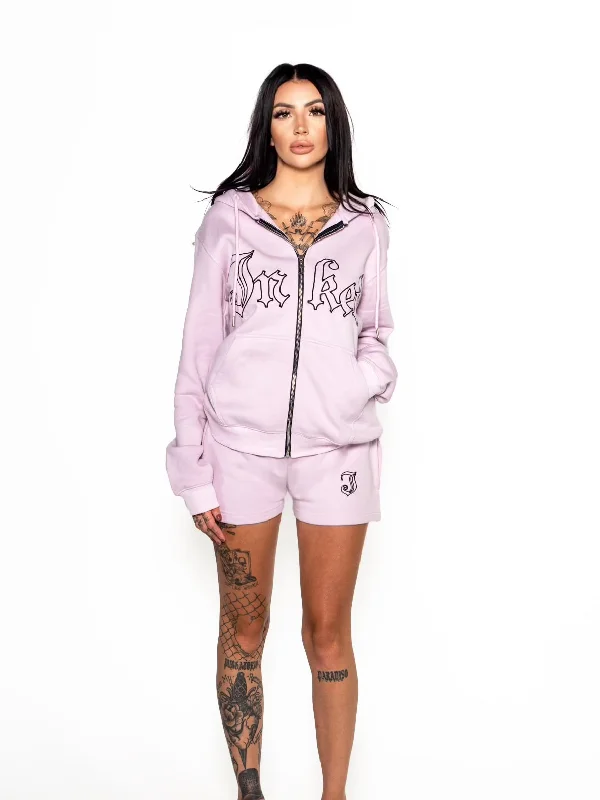 Women's Inked Embroidered Zip Up Hoodie - Pink/Black